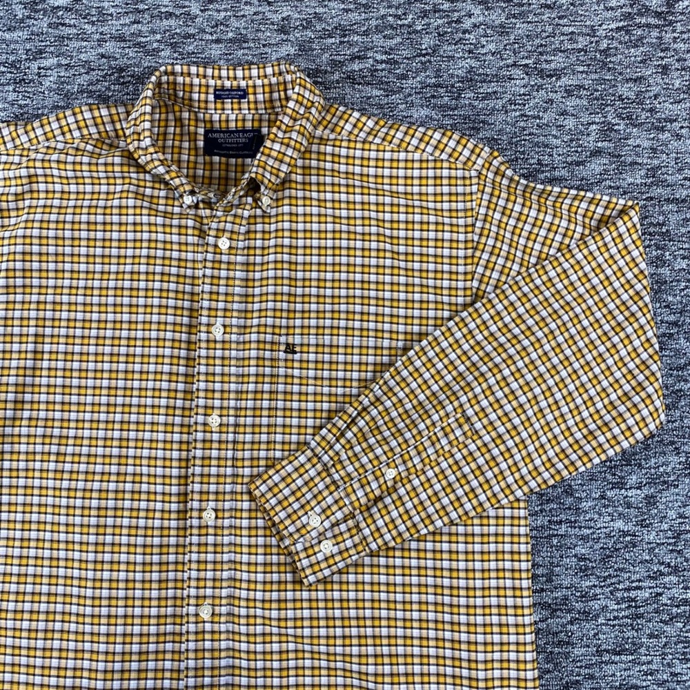 American Eagle Outfitters Men L Y2K Rugged Oxford Yellow Plaid Button Down Shirt